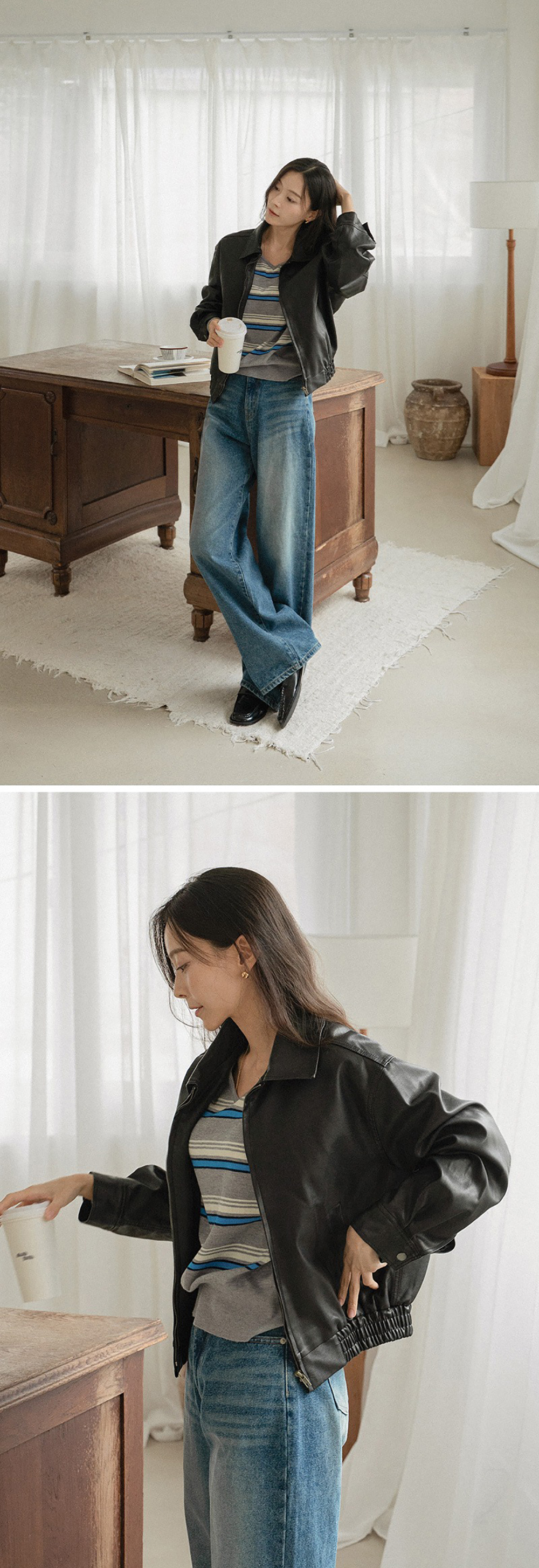 V領拼色條紋針織上衣