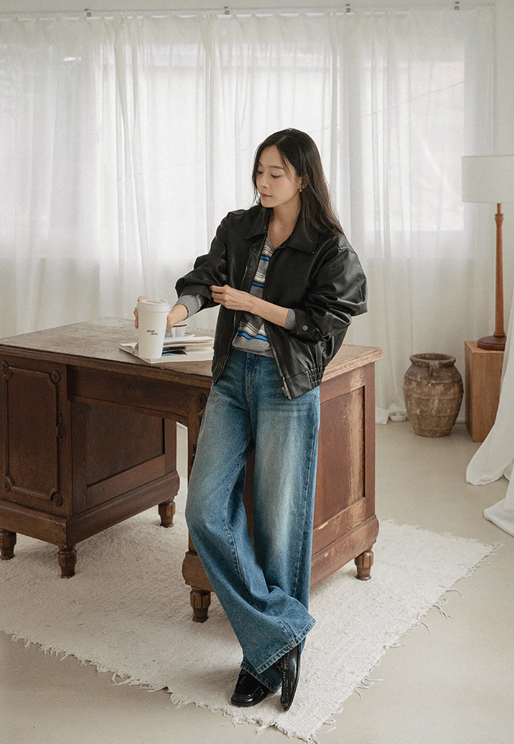 V領拼色條紋針織上衣