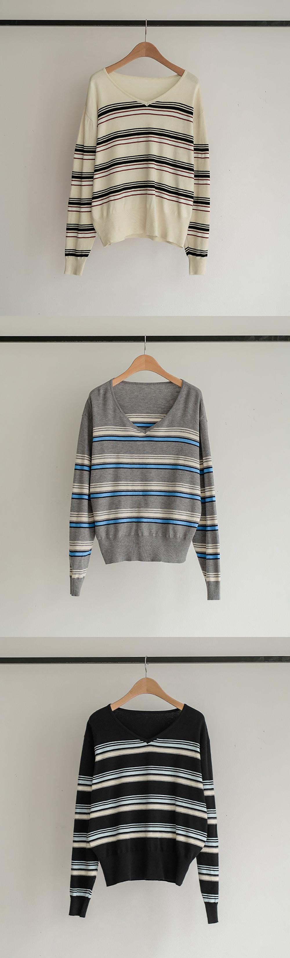 V領拼色條紋針織上衣