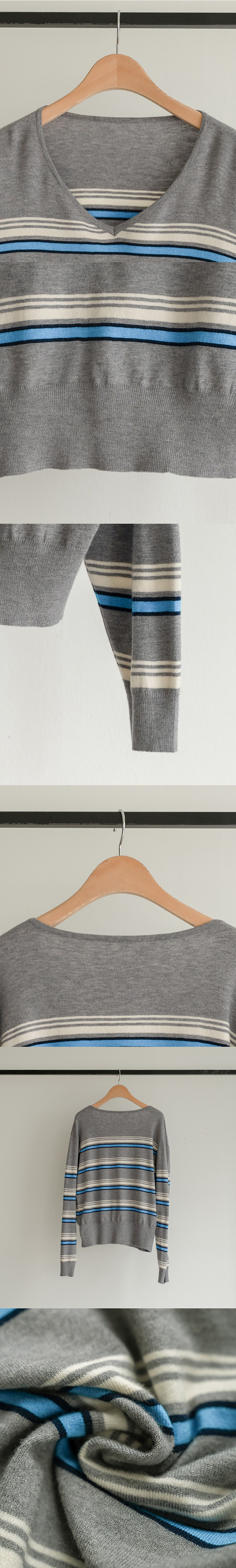 V領拼色條紋針織上衣