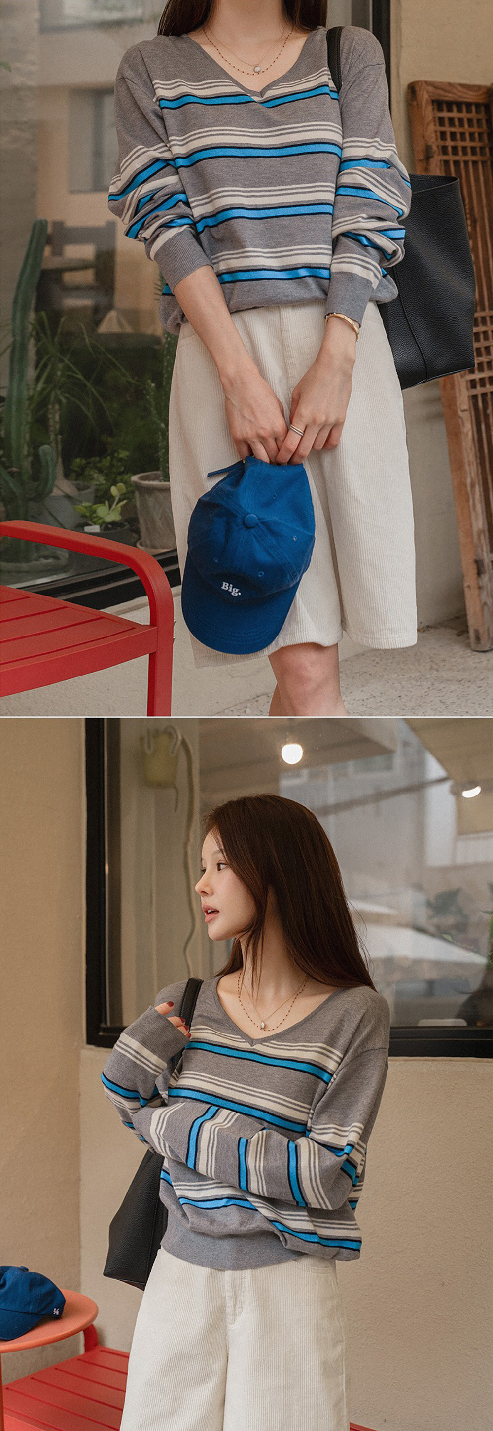 V領拼色條紋針織上衣