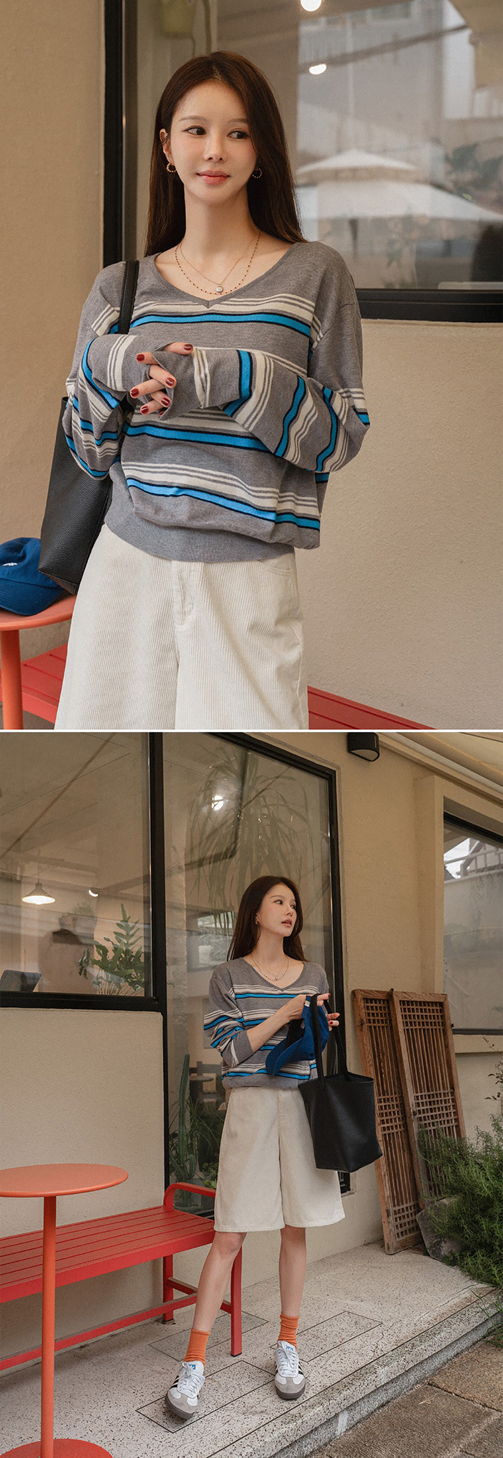 V領拼色條紋針織上衣
