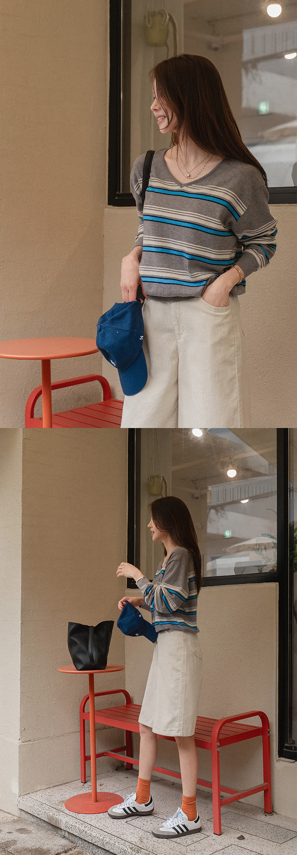 V領拼色條紋針織上衣