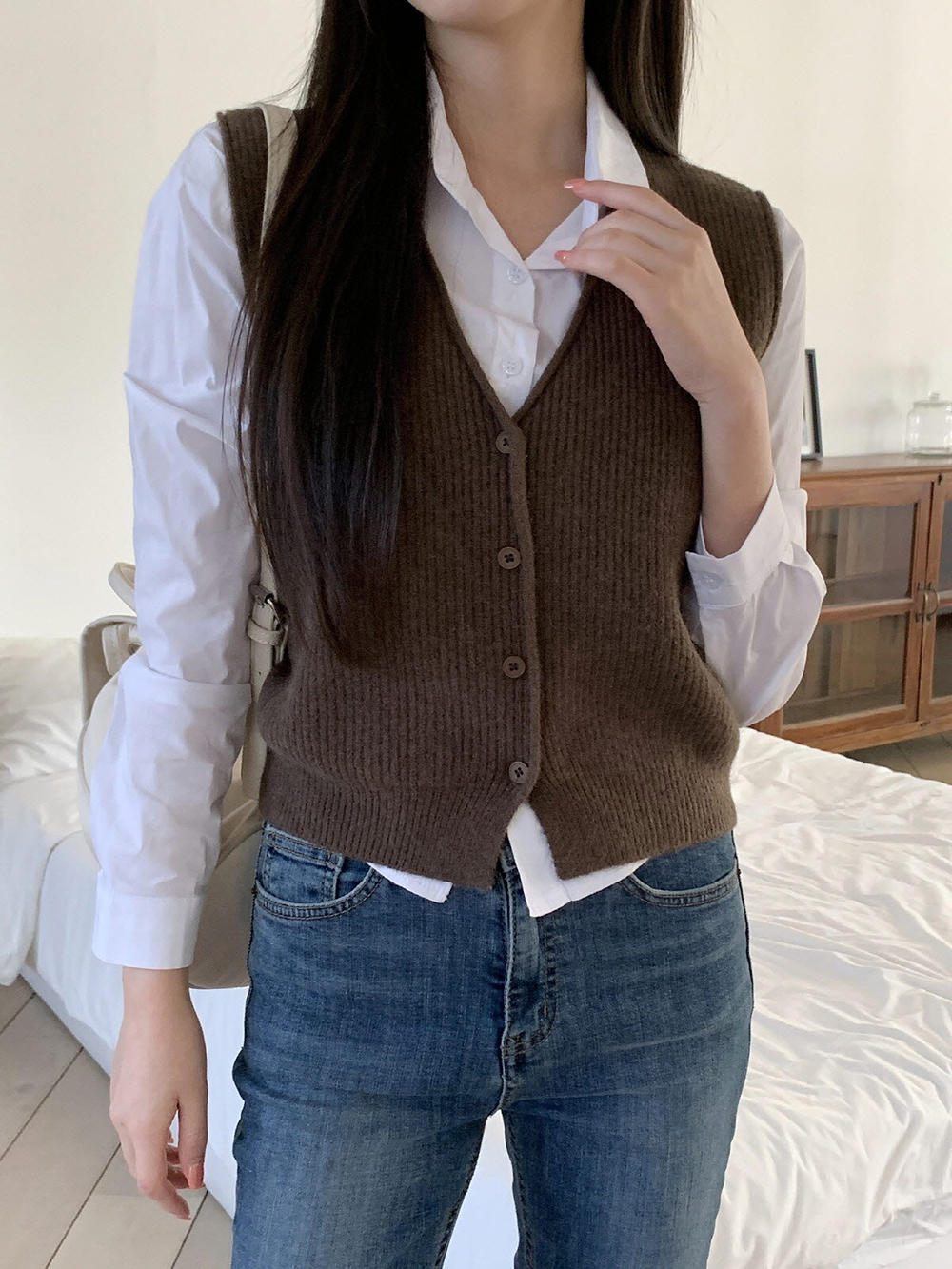 精緻羅紋V領針織背心