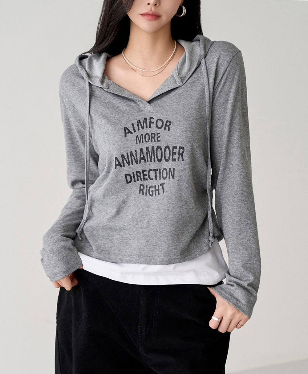字母印花V領連帽上衣