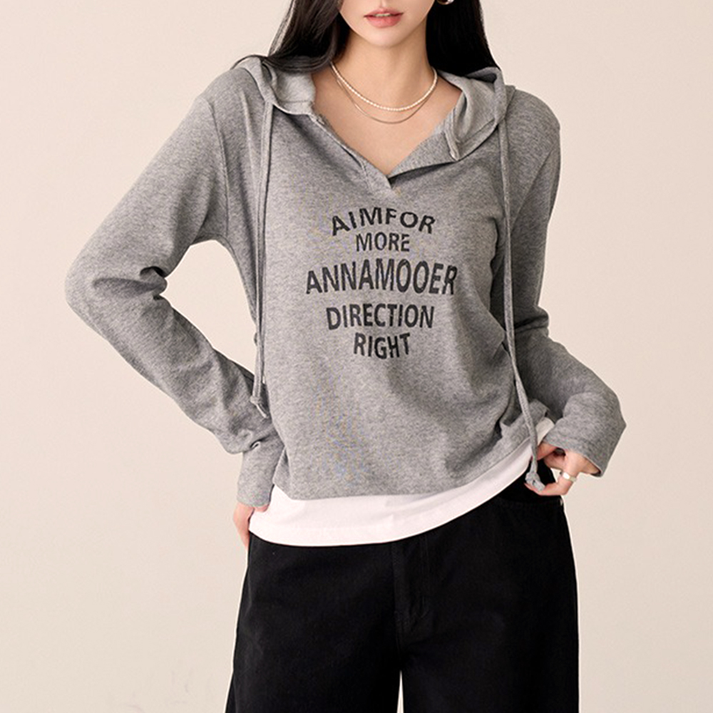字母印花V領連帽上衣