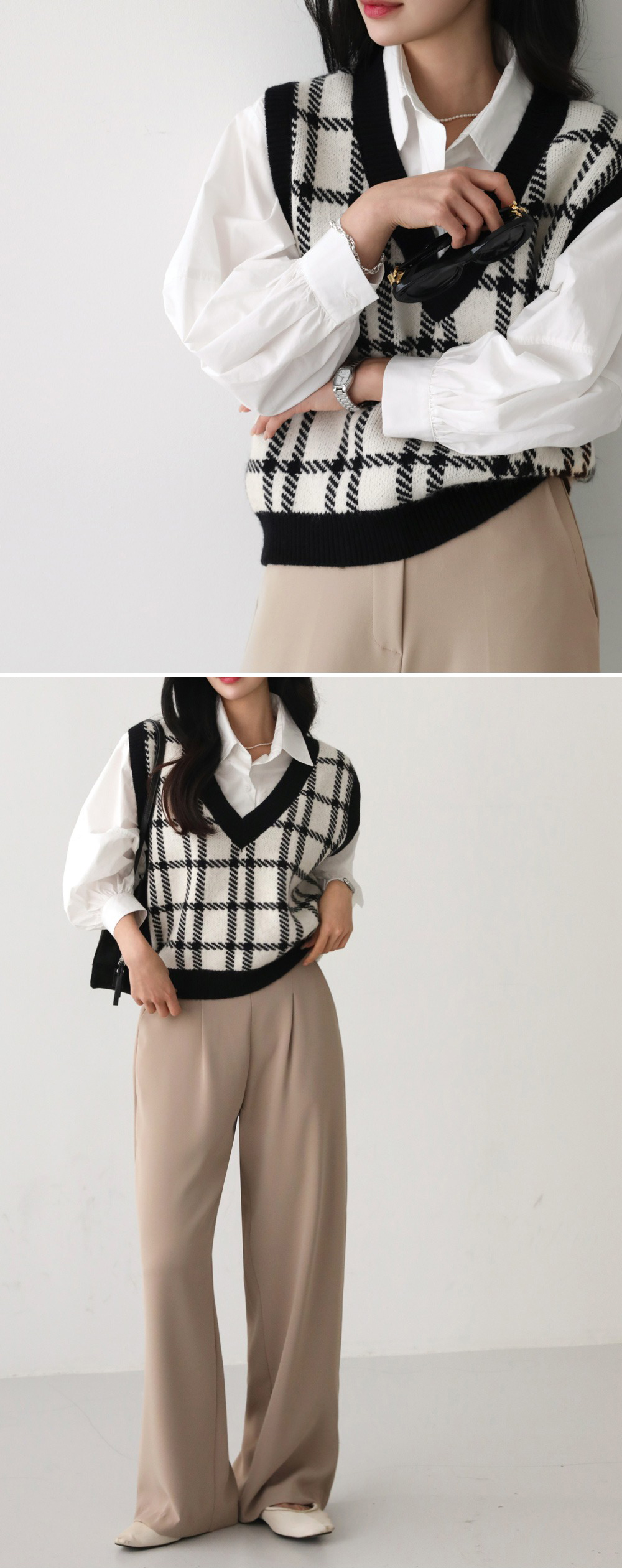 經典格紋V領針織背心