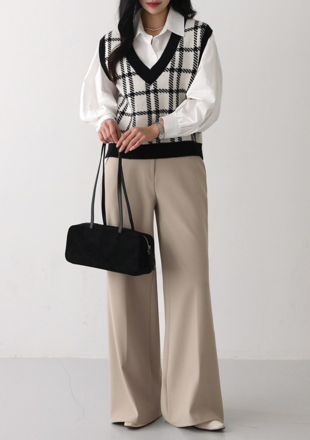 經典格紋V領針織背心