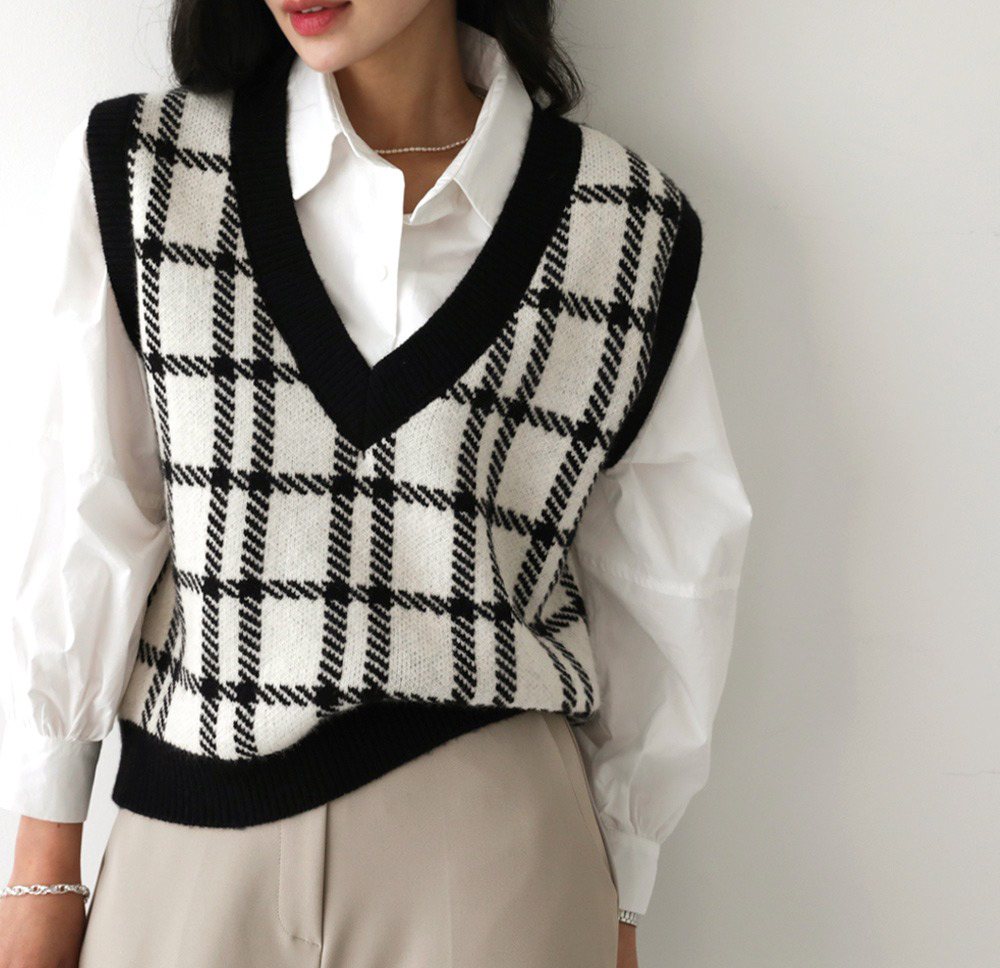 經典格紋V領針織背心
