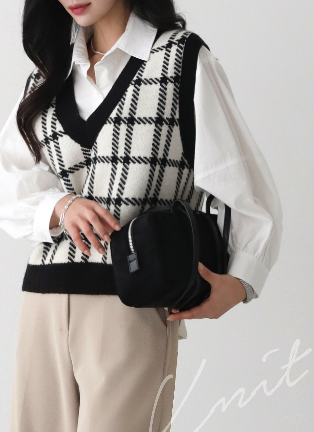 經典格紋V領針織背心