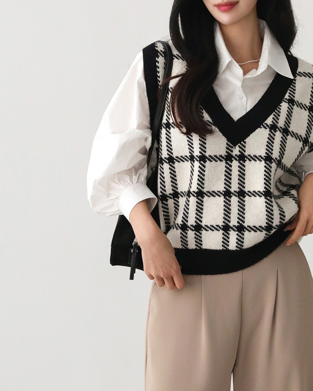 經典格紋V領針織背心