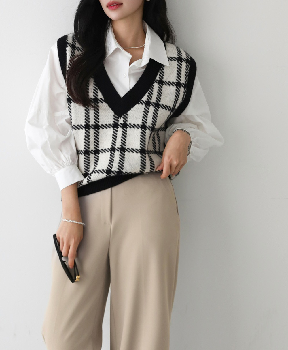 經典格紋V領針織背心