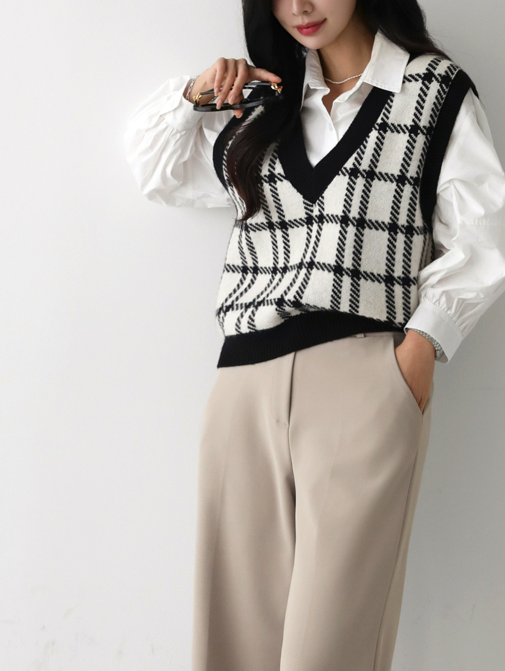 經典格紋V領針織背心
