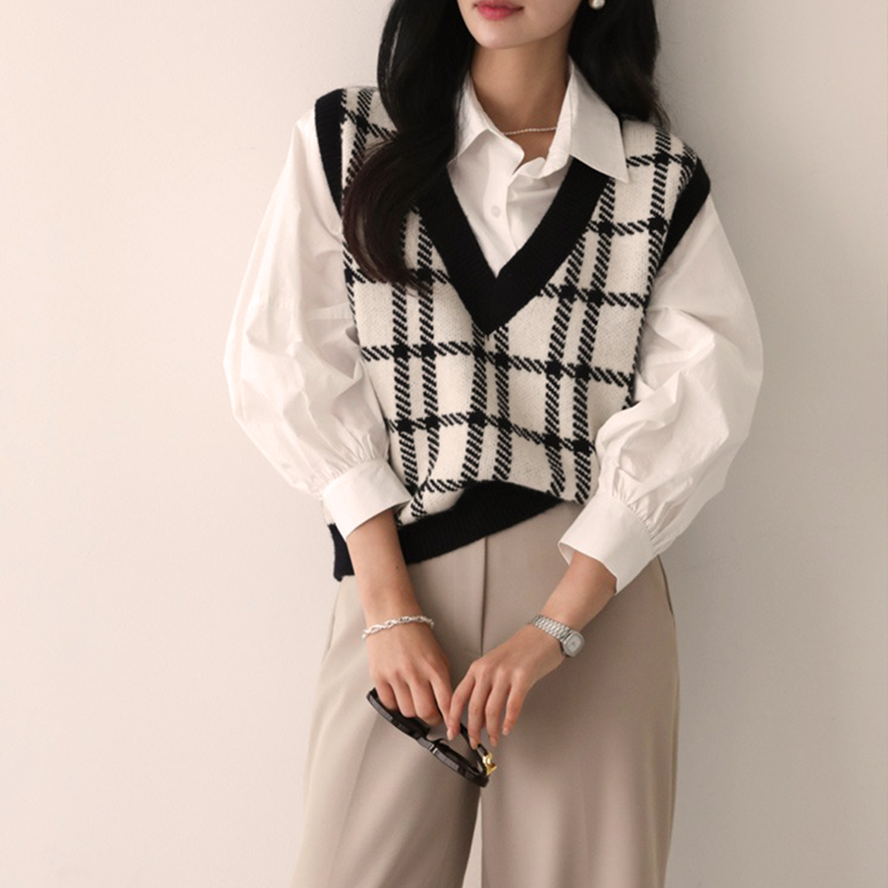 經典格紋V領針織背心