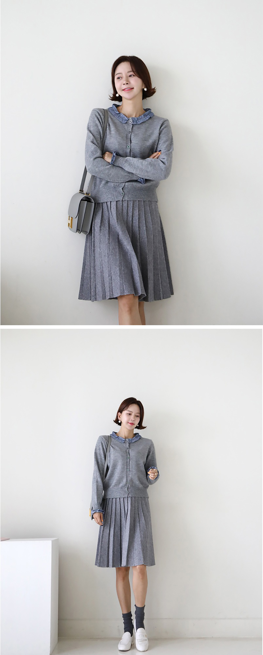 格紋荷葉邊針織外套