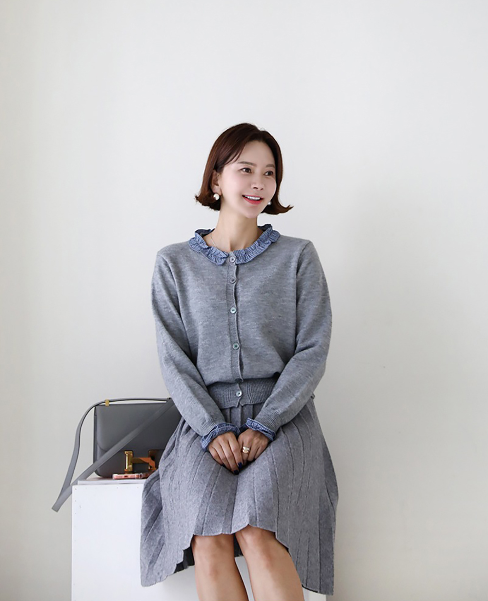 格紋荷葉邊針織外套