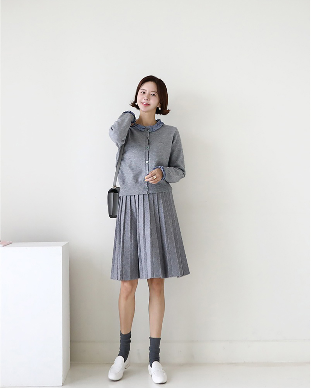 格紋荷葉邊針織外套