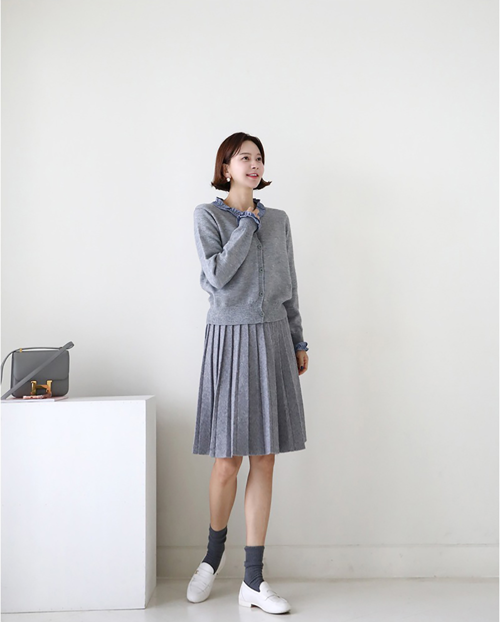 格紋荷葉邊針織外套