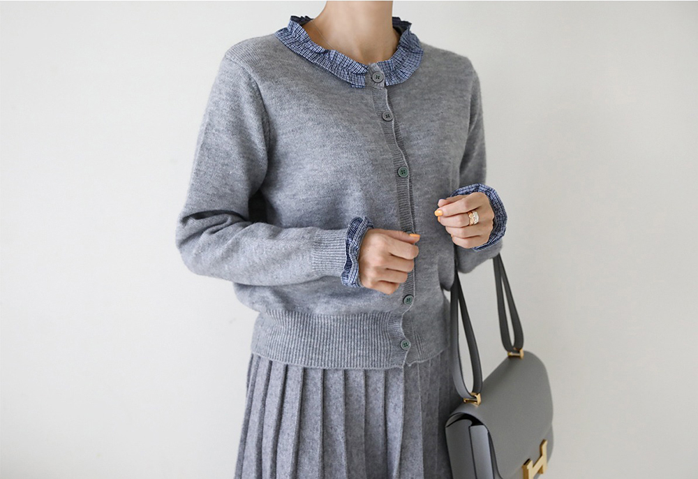 格紋荷葉邊針織外套