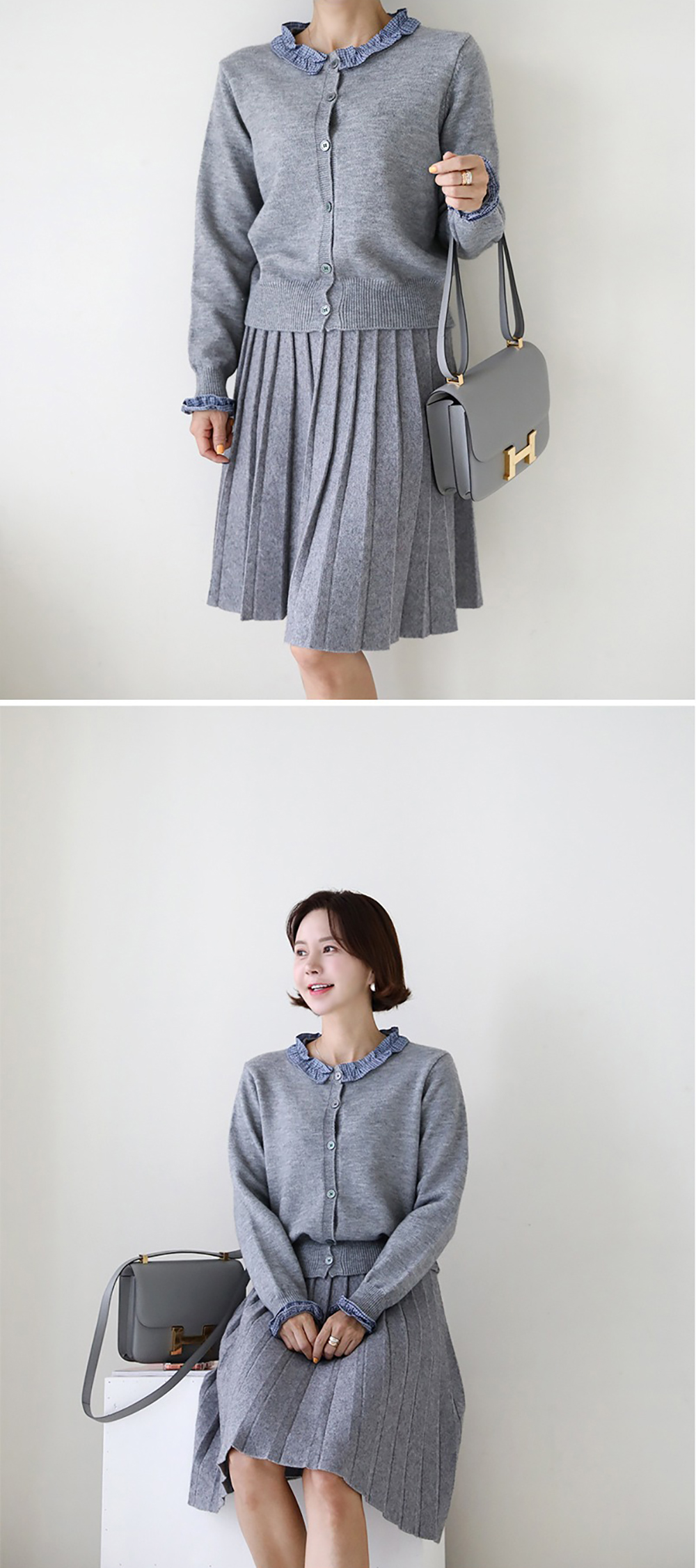 格紋荷葉邊針織外套