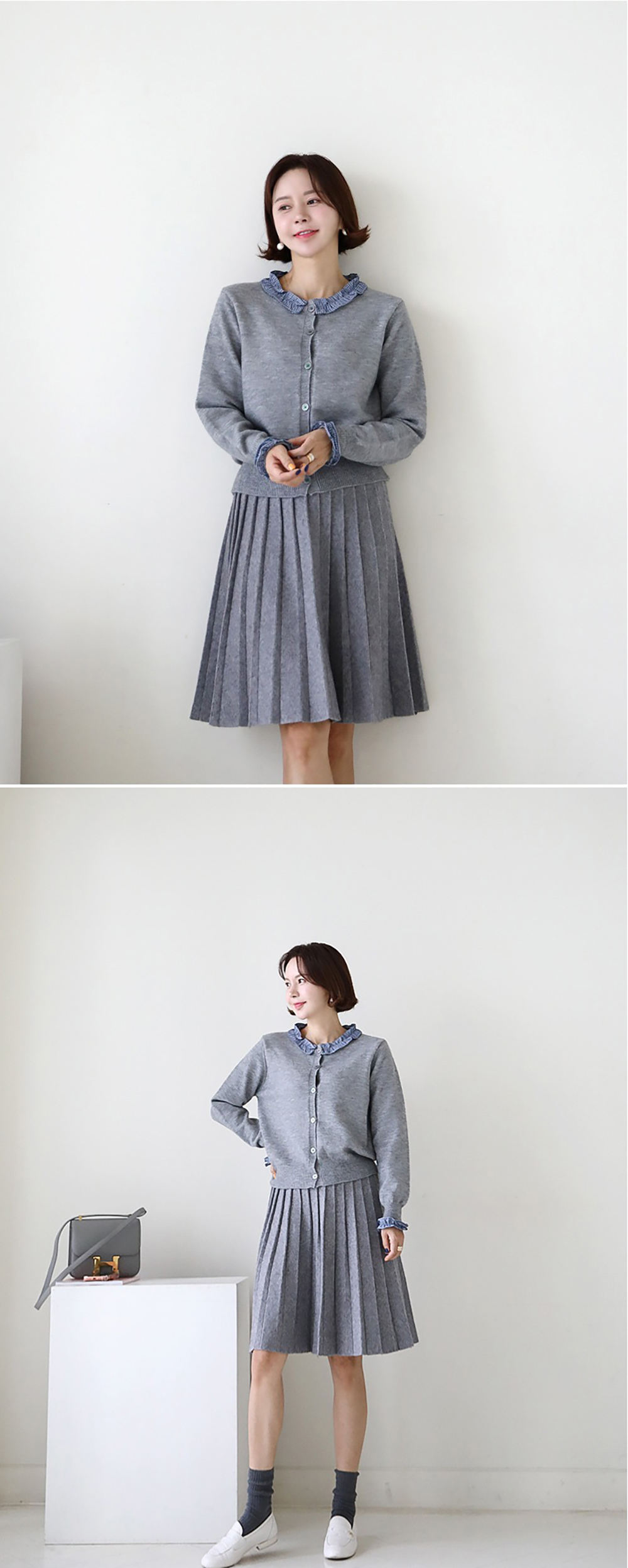 格紋荷葉邊針織外套