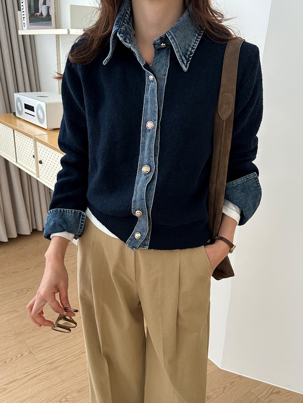 牛仔拼接針織外套