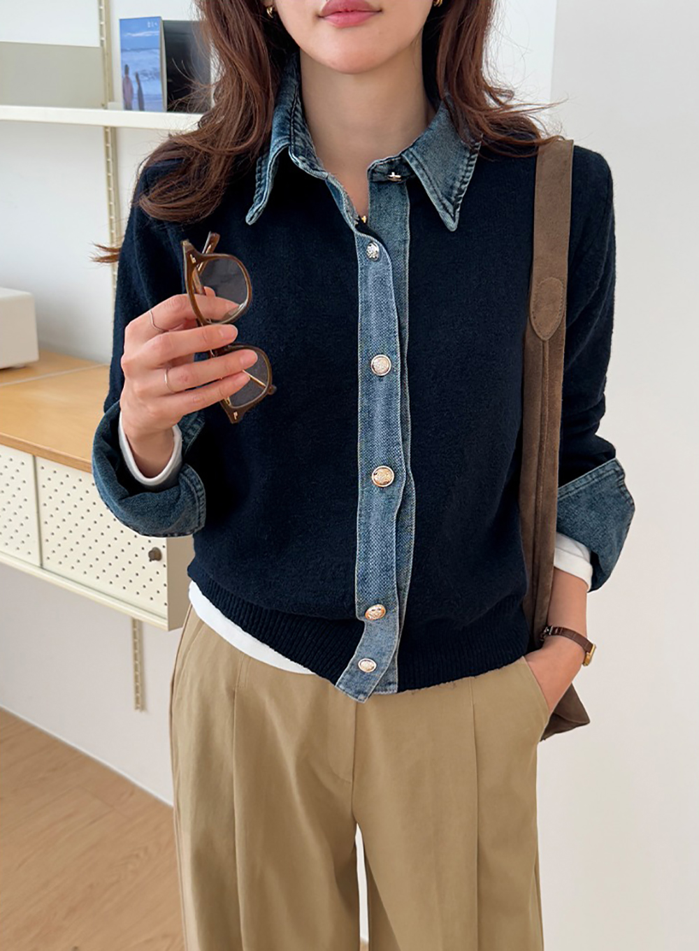 牛仔拼接針織外套