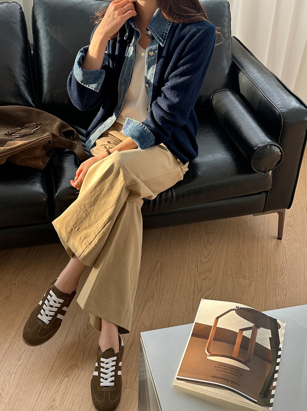 牛仔拼接針織外套