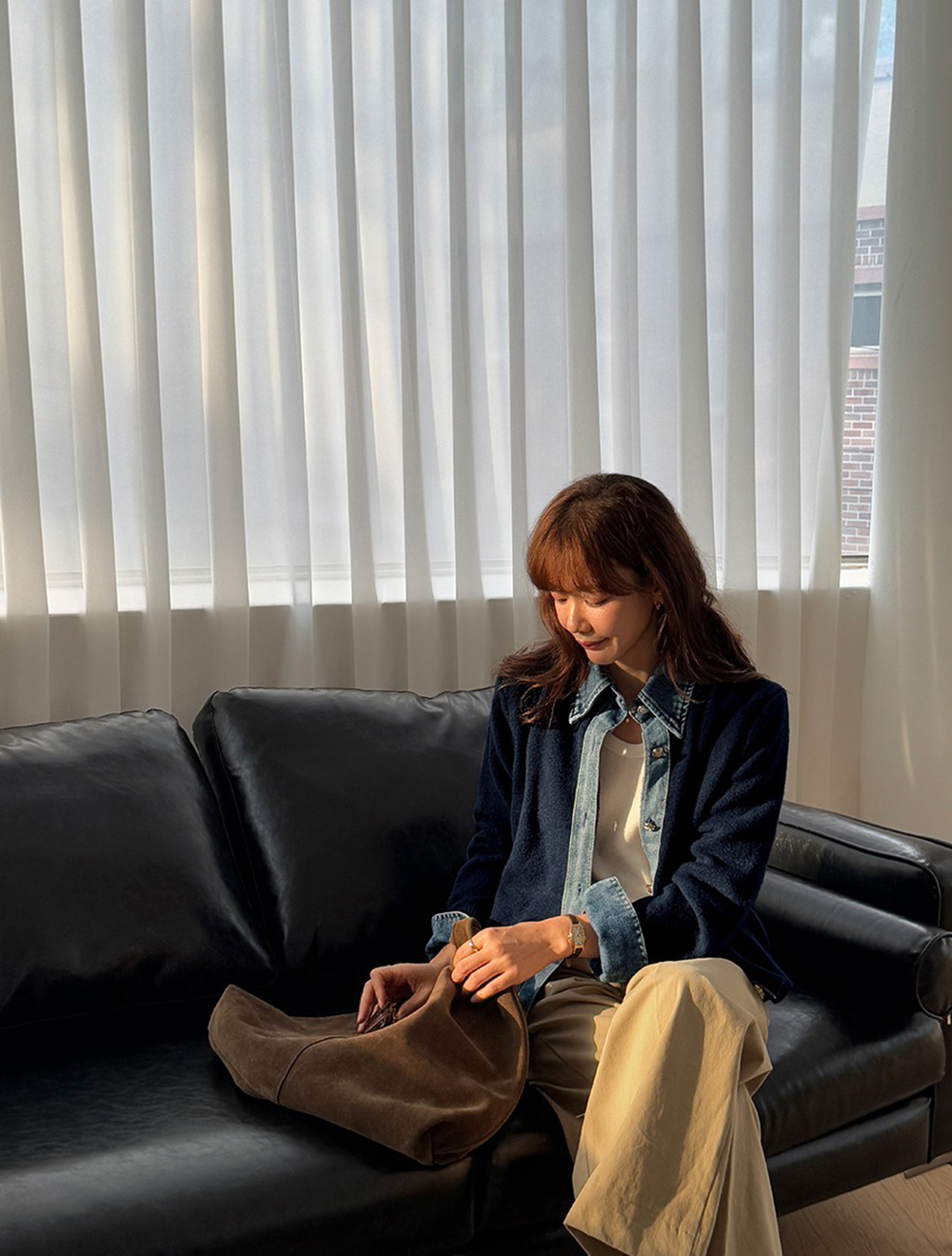 牛仔拼接針織外套