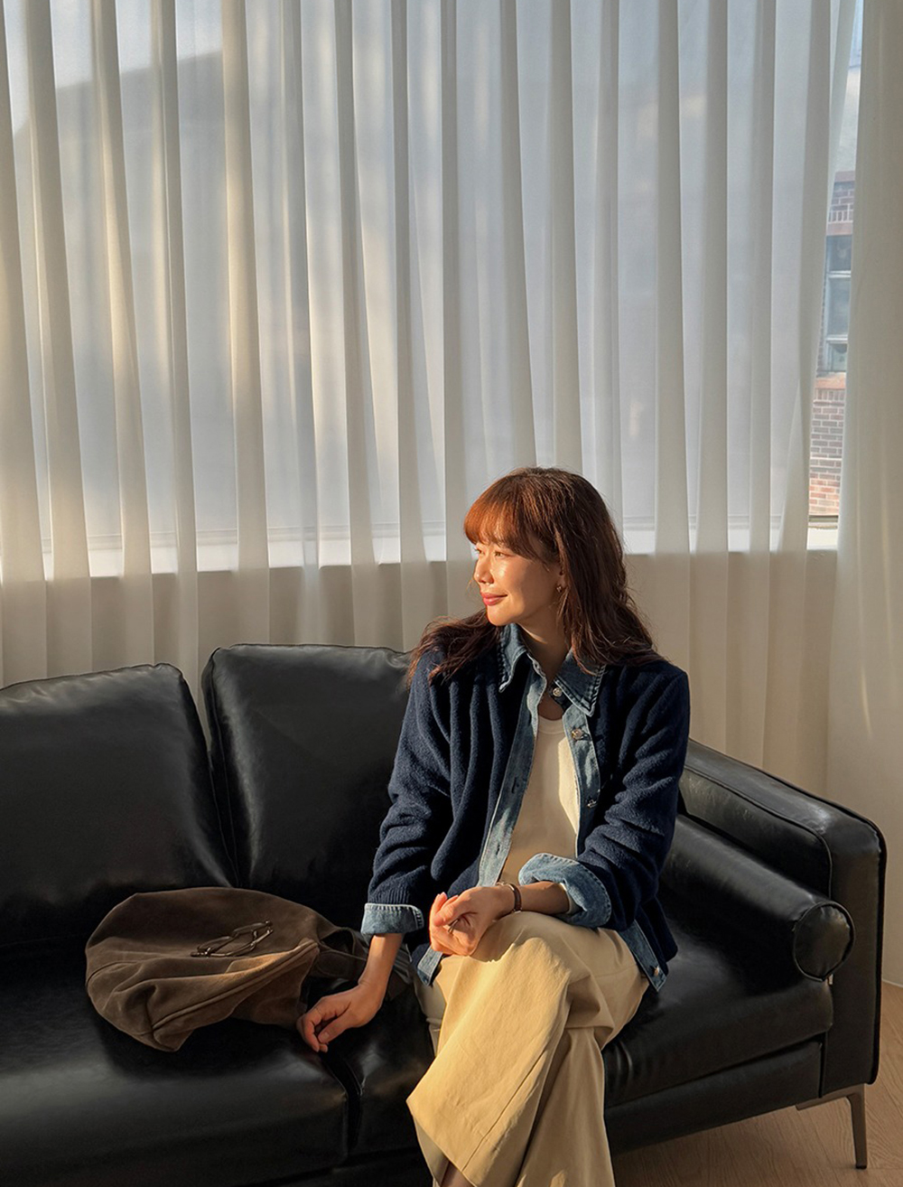 牛仔拼接針織外套