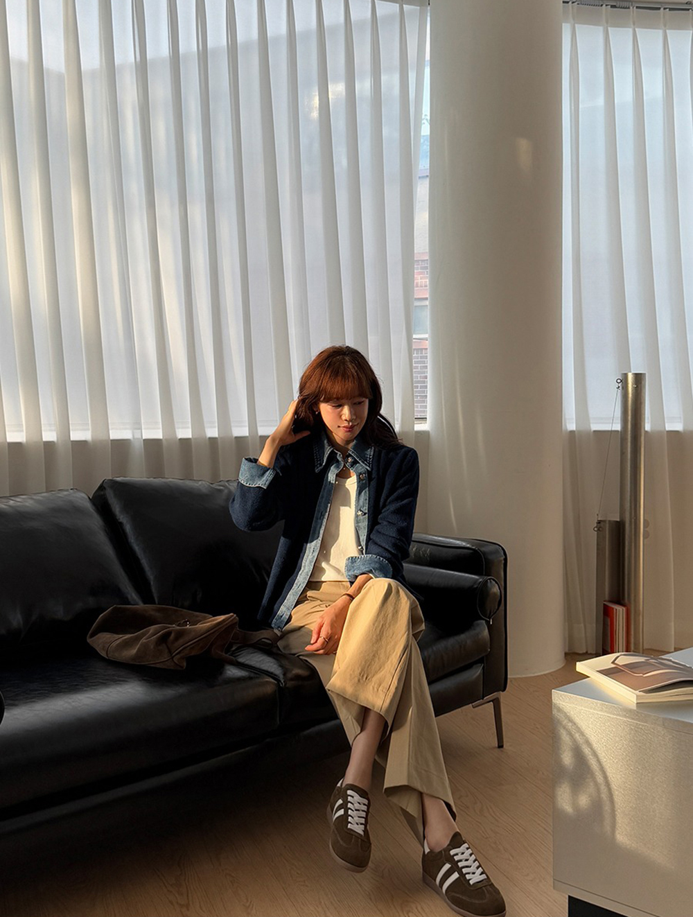 牛仔拼接針織外套