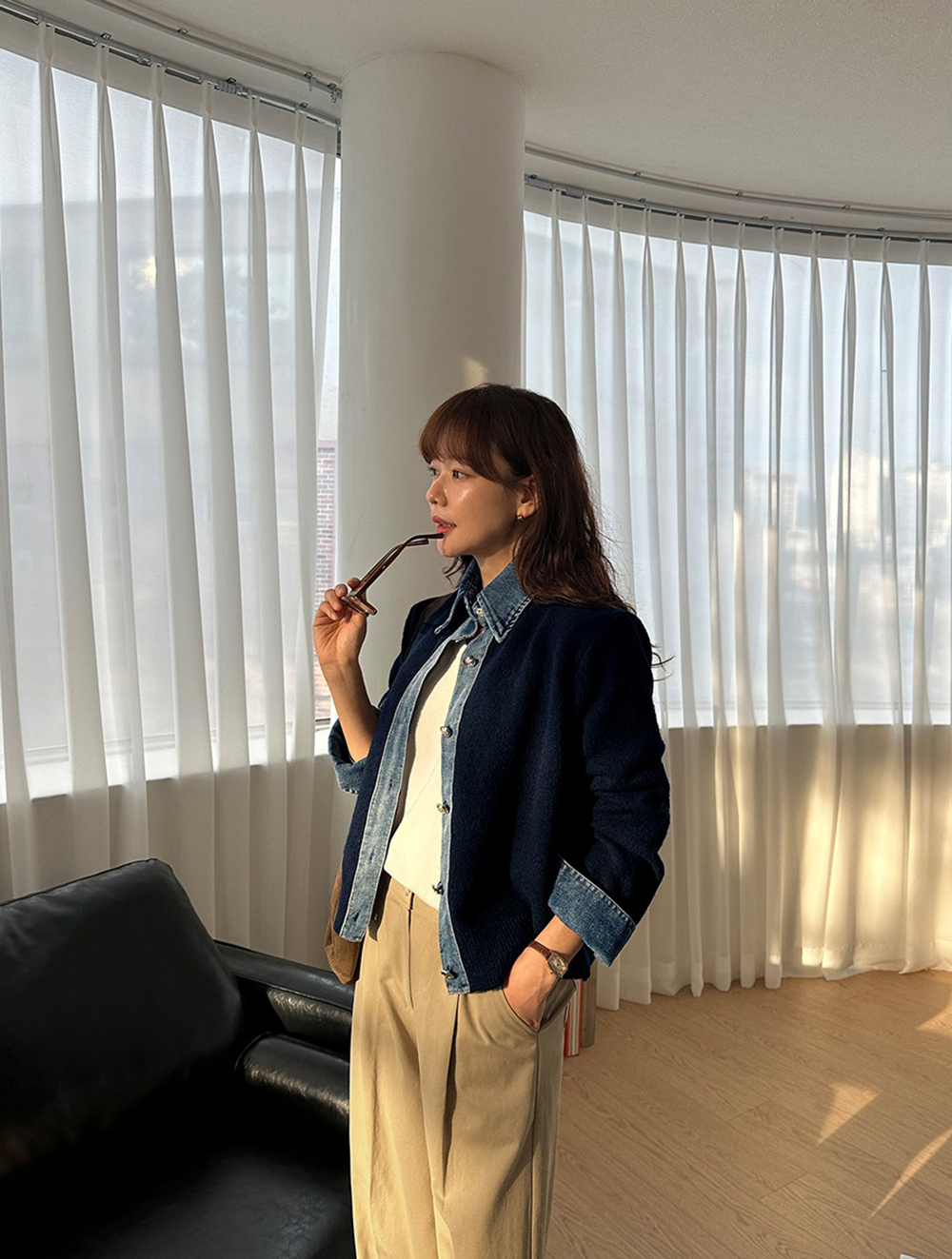 牛仔拼接針織外套