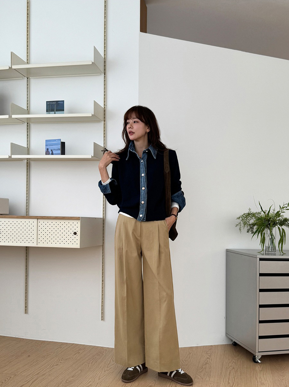 牛仔拼接針織外套