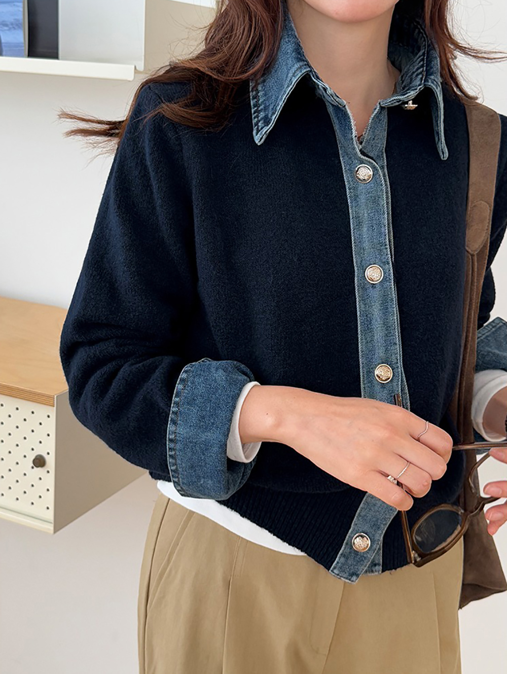 牛仔拼接針織外套