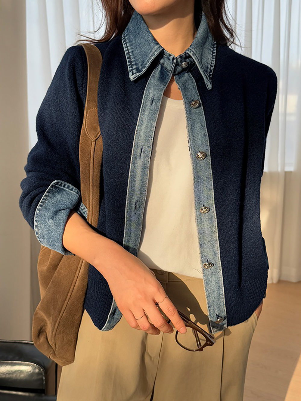 牛仔拼接針織外套