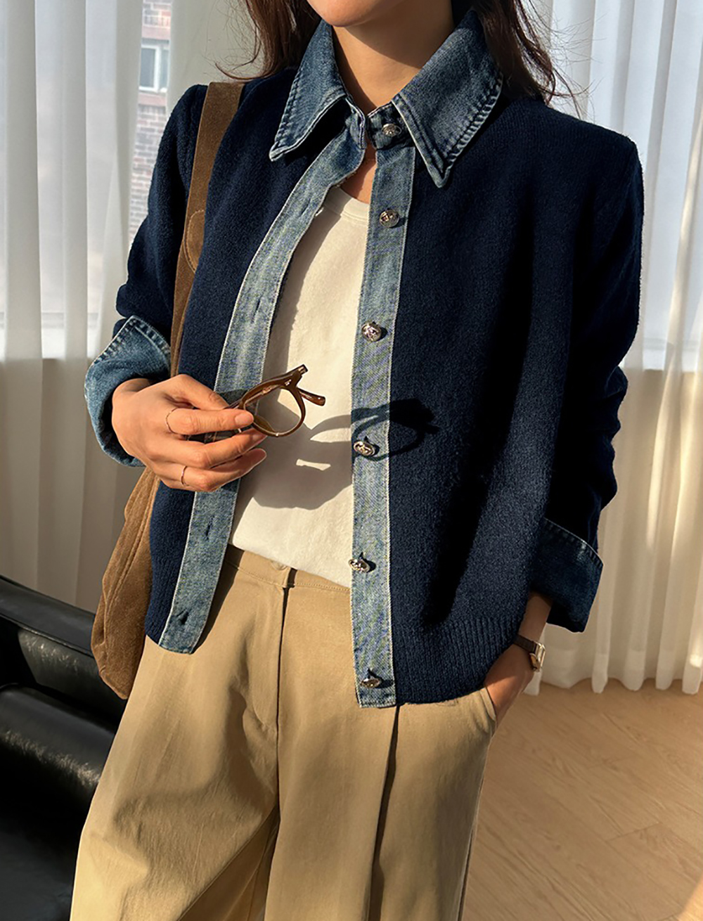 牛仔拼接針織外套