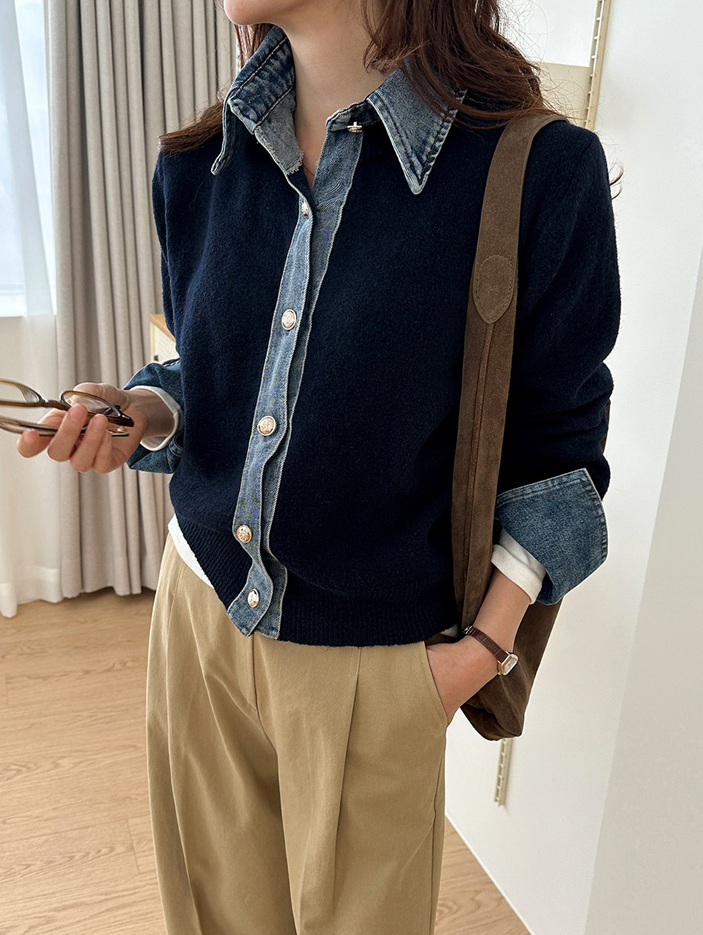 牛仔拼接針織外套