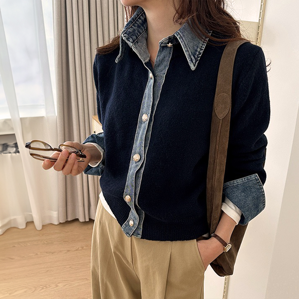 牛仔拼接針織外套