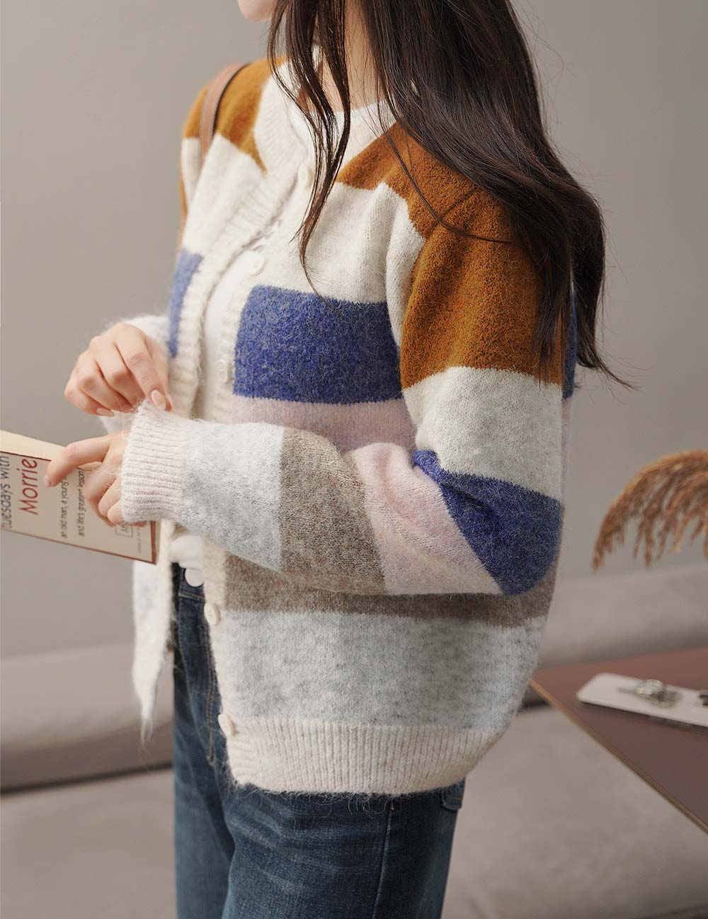 撞色條紋針織開襟外套