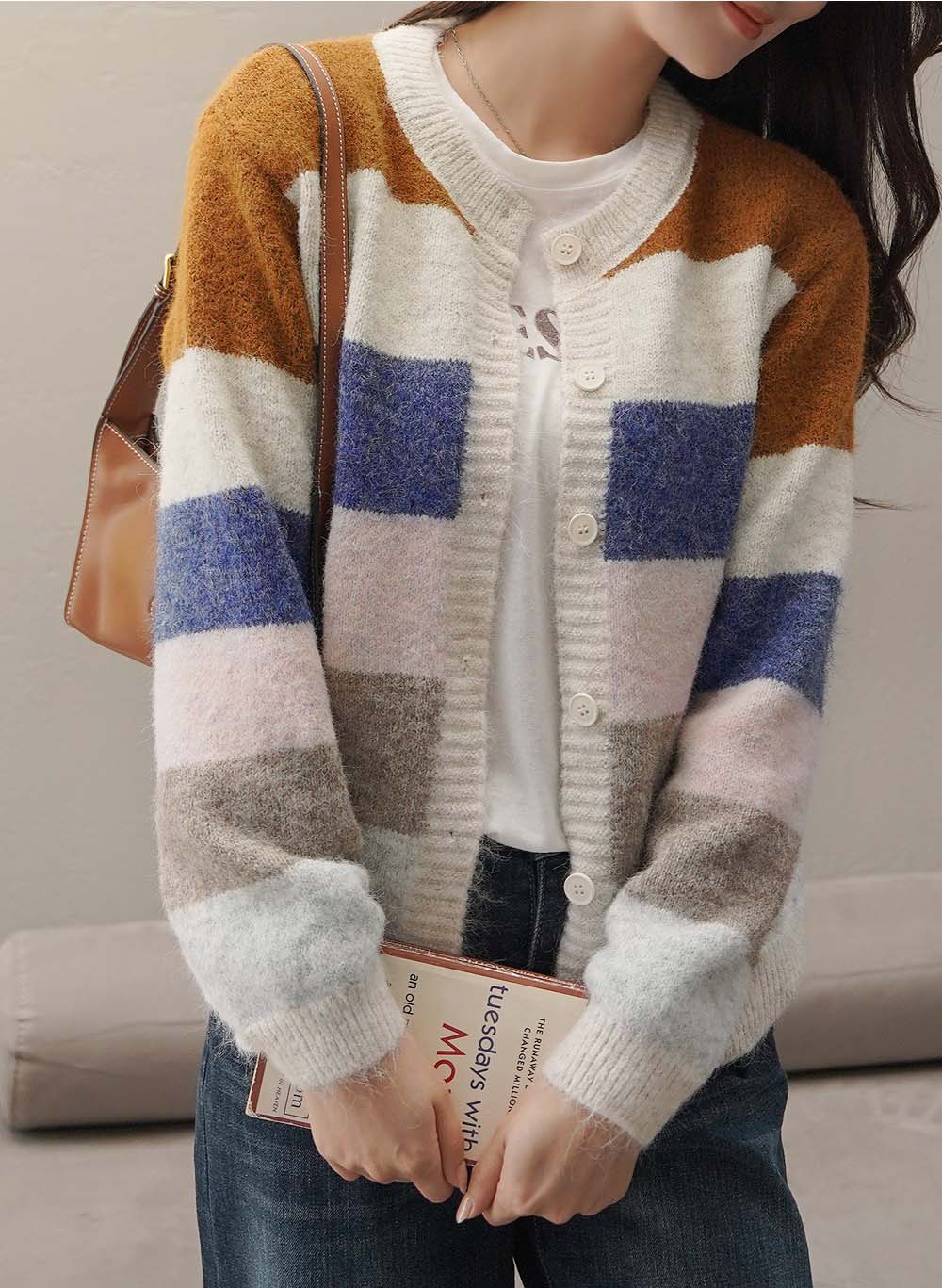 撞色條紋針織開襟外套