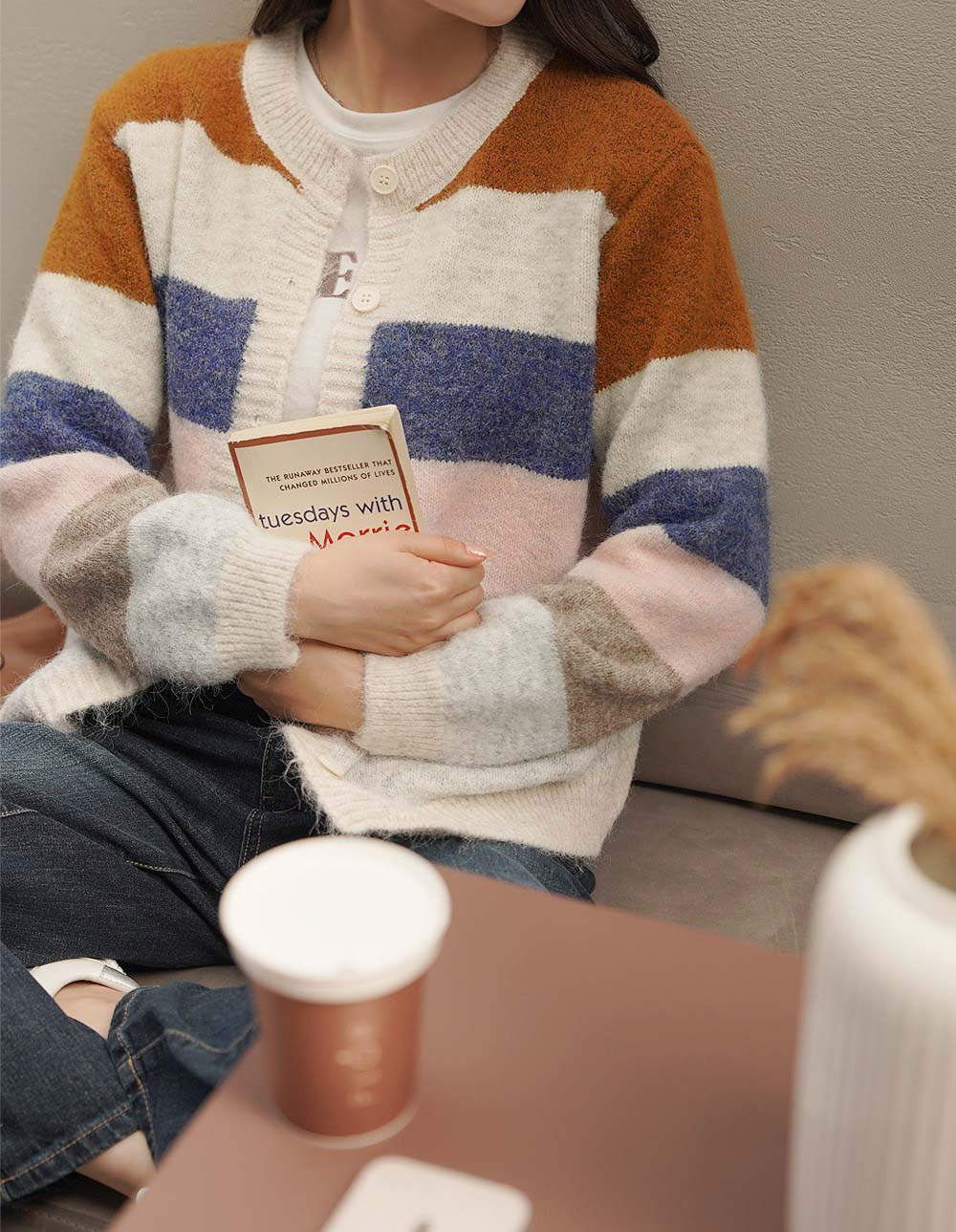 撞色條紋針織開襟外套