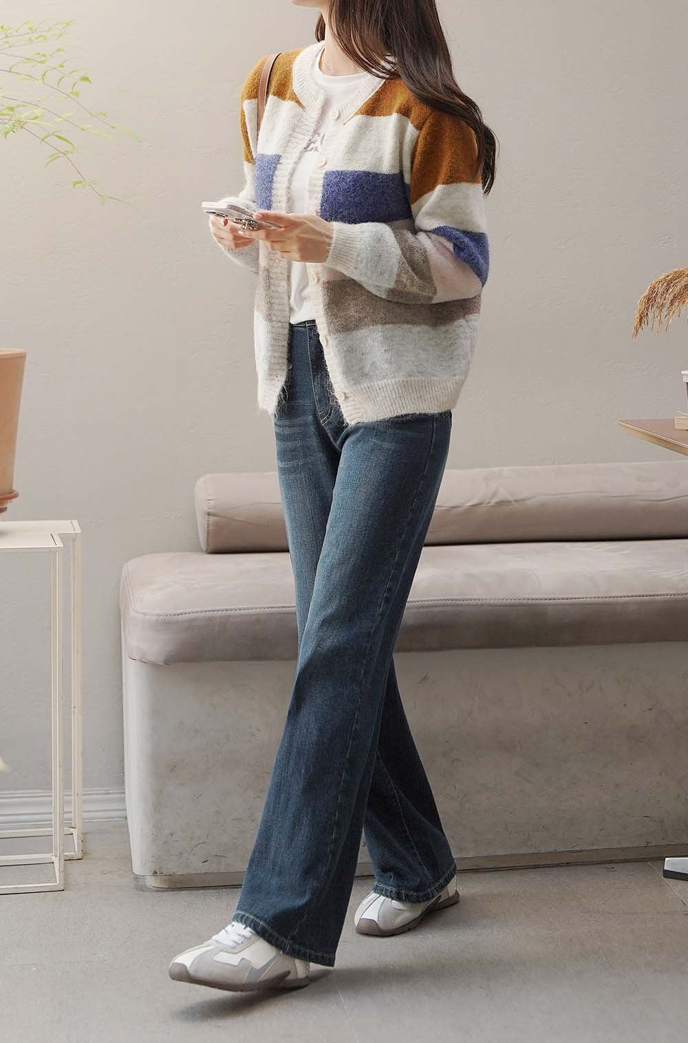 撞色條紋針織開襟外套