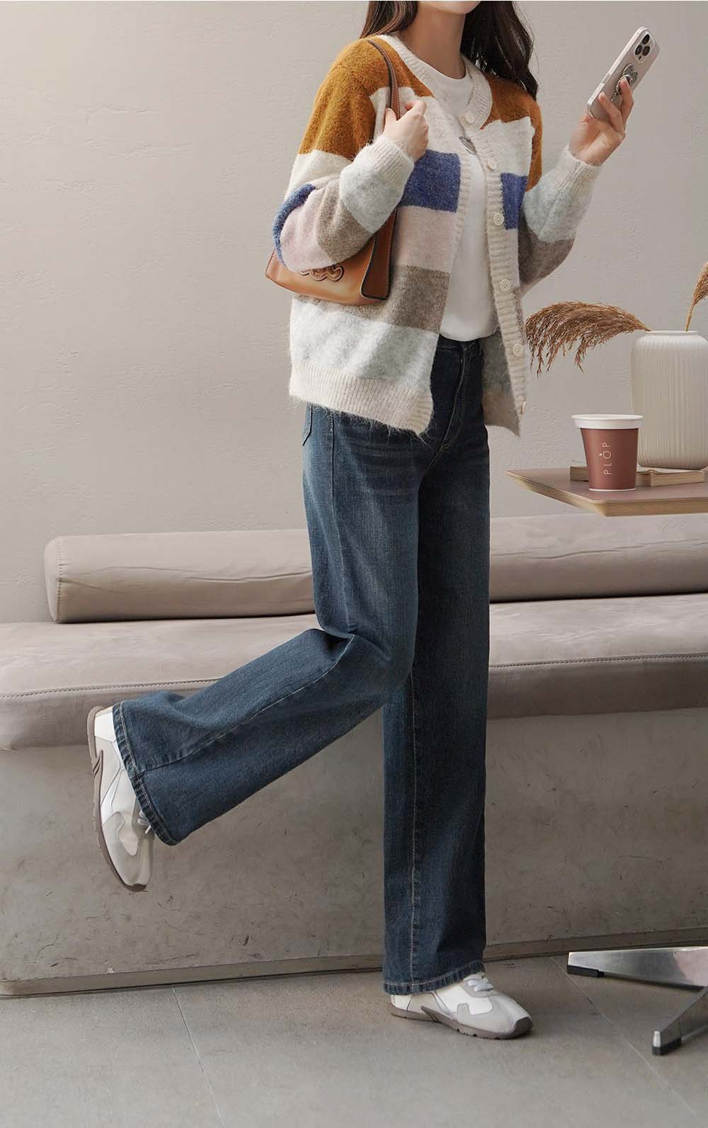 撞色條紋針織開襟外套