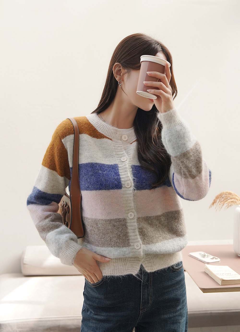 撞色條紋針織開襟外套