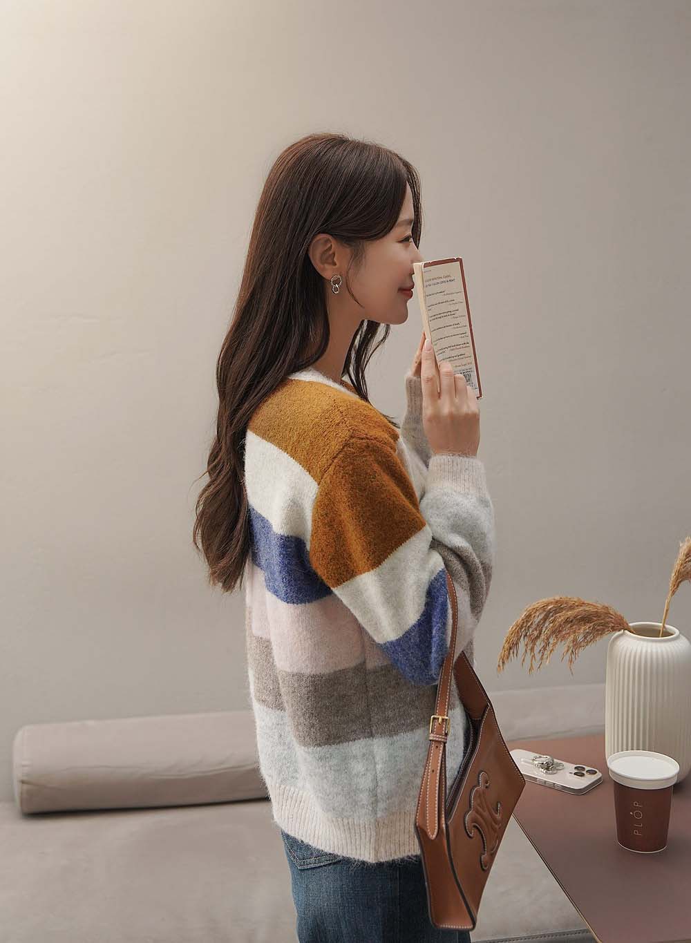 撞色條紋針織開襟外套