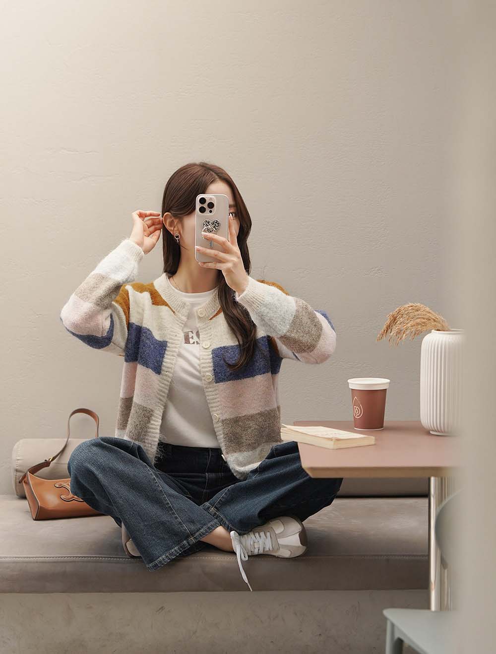 撞色條紋針織開襟外套