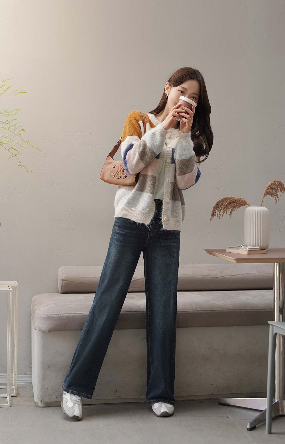 撞色條紋針織開襟外套