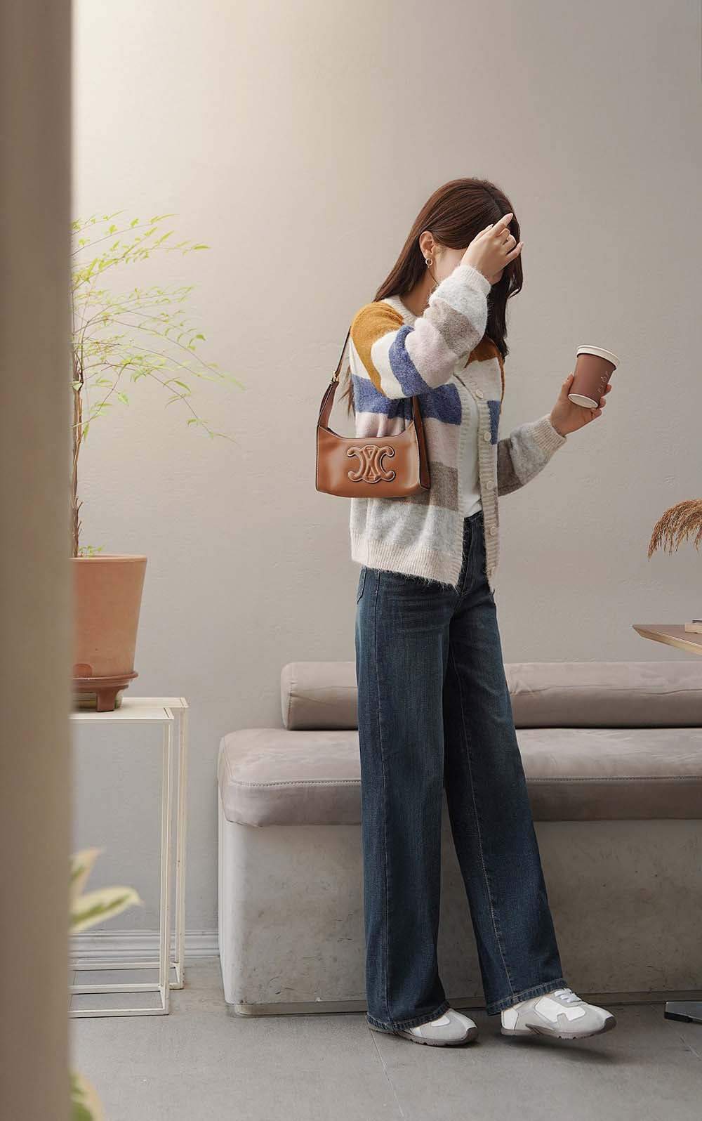 撞色條紋針織開襟外套