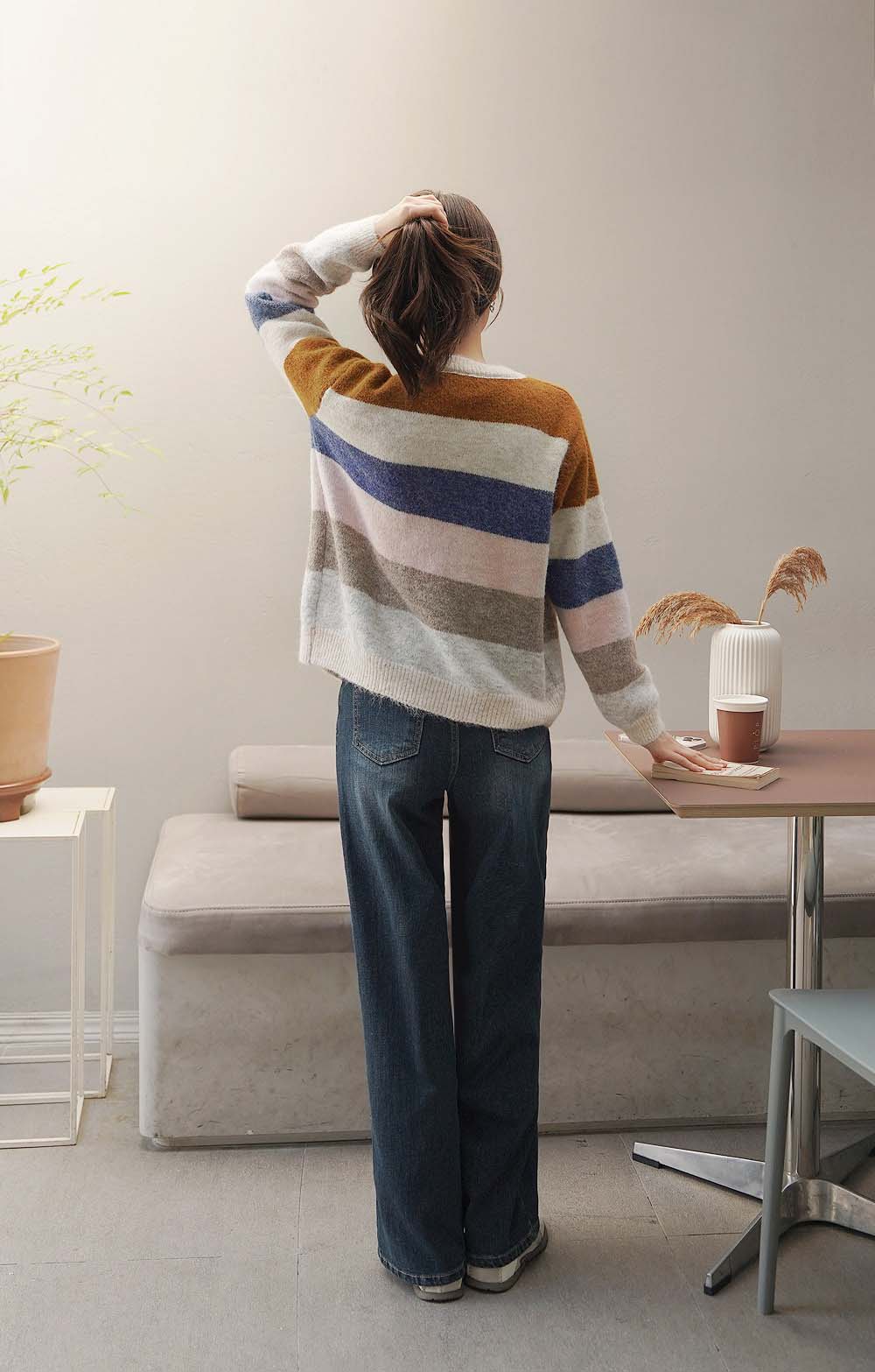 撞色條紋針織開襟外套