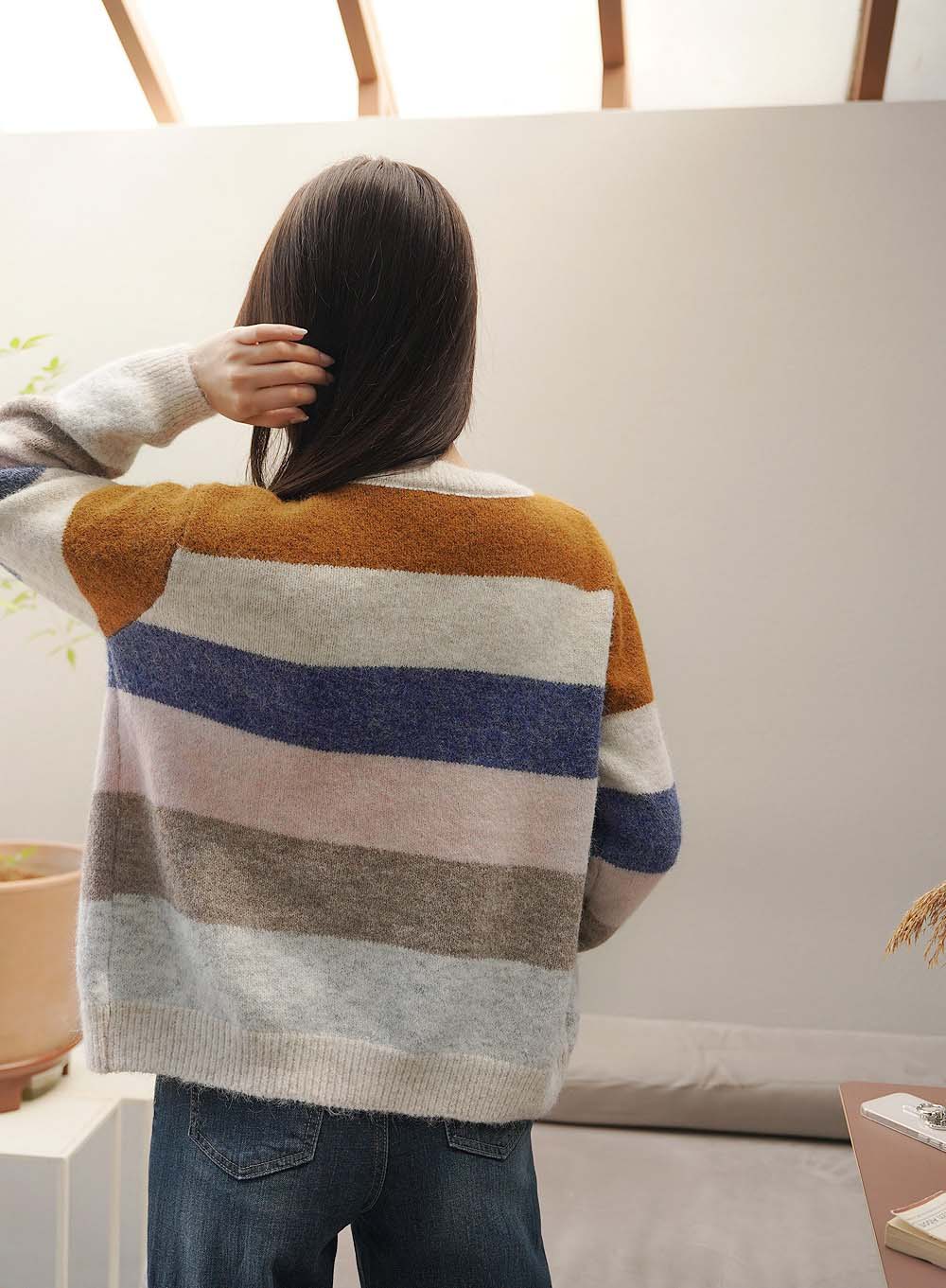 撞色條紋針織開襟外套